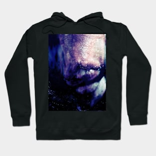 Portrait, digital collage, special processing. Weird. Alien mouth. Blue and violet. Hoodie